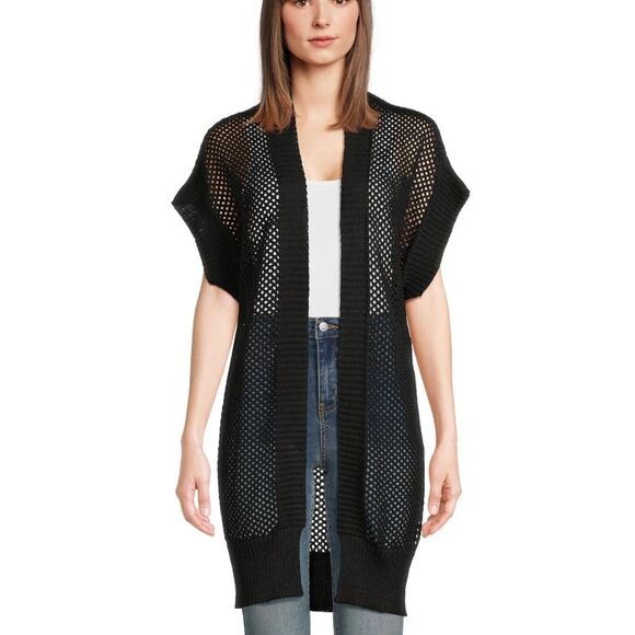 Black Open-Knit Duster Cardigan Sweater Sz L/XL - Picture 1 of 6
